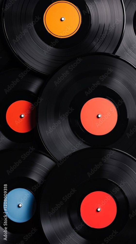 Vinyl records with orange, red and light blue labels create a vibrant and nostalgic backdrop, representing music, sound recording, and the enduring appeal of analog audio Vinyl records with orange, red and light blue labels create a vibrant and nostalgic backdrop, representing music, sound recording, and the enduring appeal of analog audio