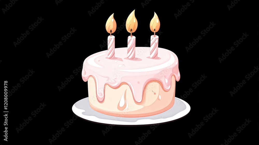 Pink Birthday Cake With Three Lit Candles Pink Birthday Cake With Three Lit Candles