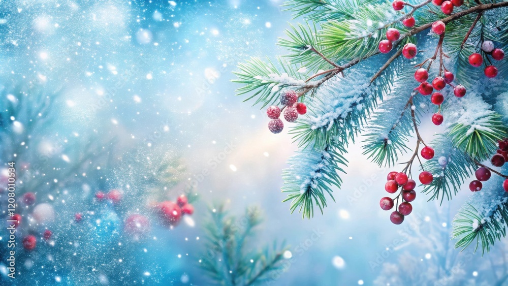 Winter Wonderland Snow-Covered Evergreen Branch with Red Berries and a Soft, Dreamy Background Winter Wonderland Snow-Covered Evergreen Branch with Red Berries and a Soft, Dreamy Background