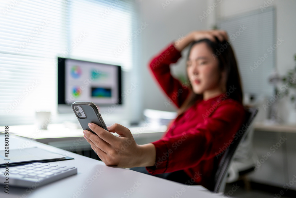 A woman is sitting at a desk with a cell phone in her hand A woman is sitting at a desk with a cell phone in her hand