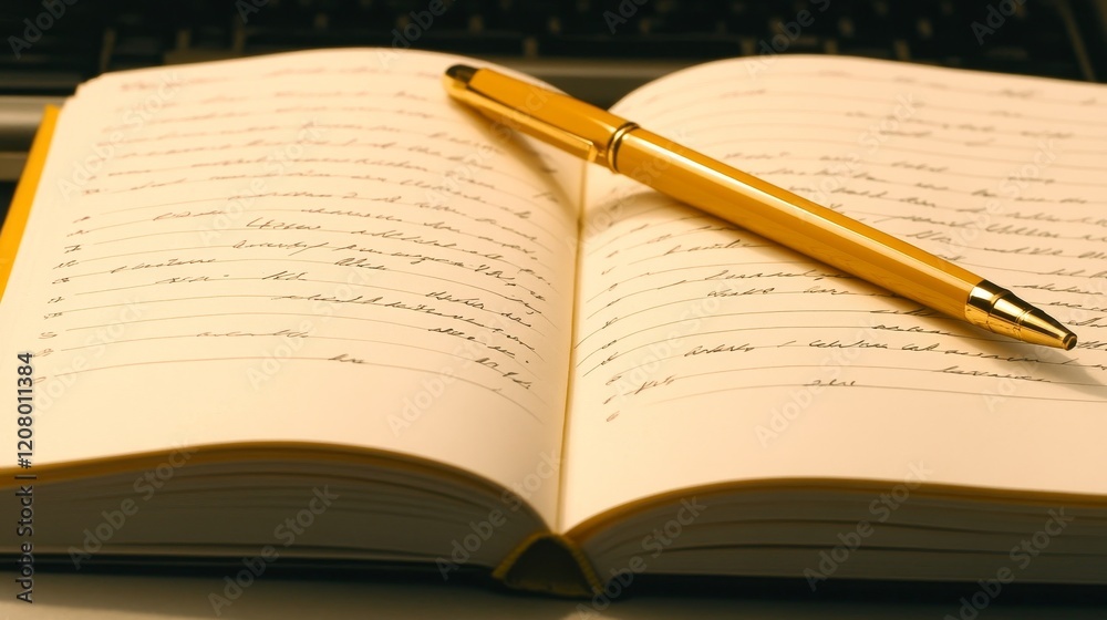 Open Notebook with Gold Pen on Laptop Keyboard Open Notebook with Gold Pen on Laptop Keyboard