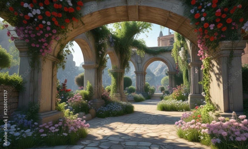 Fototapeta premium Archways adorned with flowers and creepers, blending into the surroundings , temple, creepers, arches