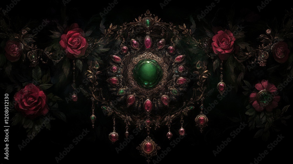 Fototapeta premium Opulent Emerald and Ruby Floral Ornament