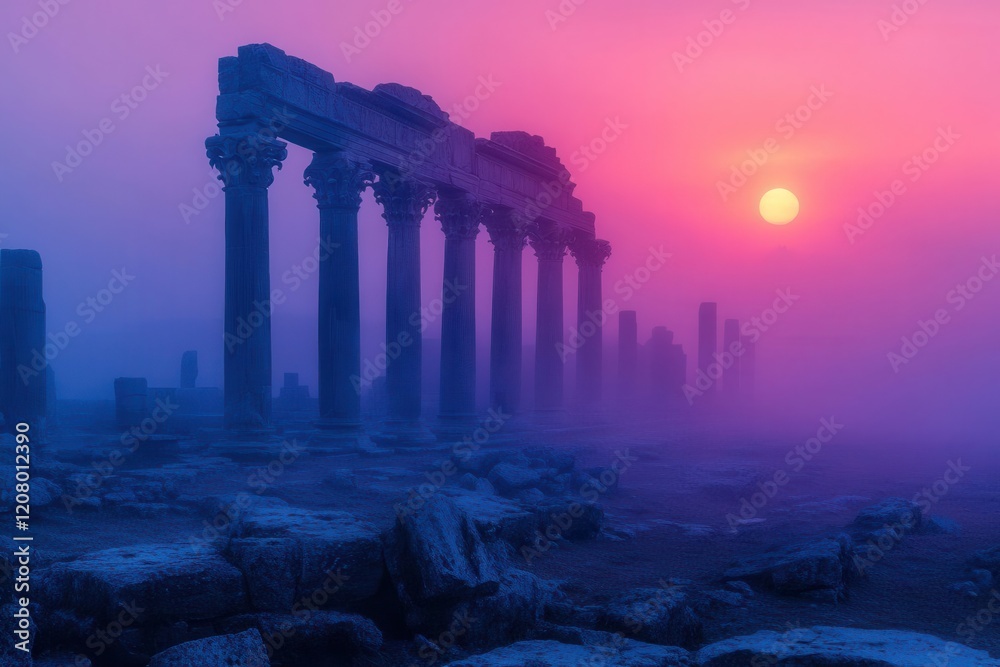 Naklejka premium ancient temple ruins at twilight with stone columns silhouetted against purpleorange sky mystical fog rolling through