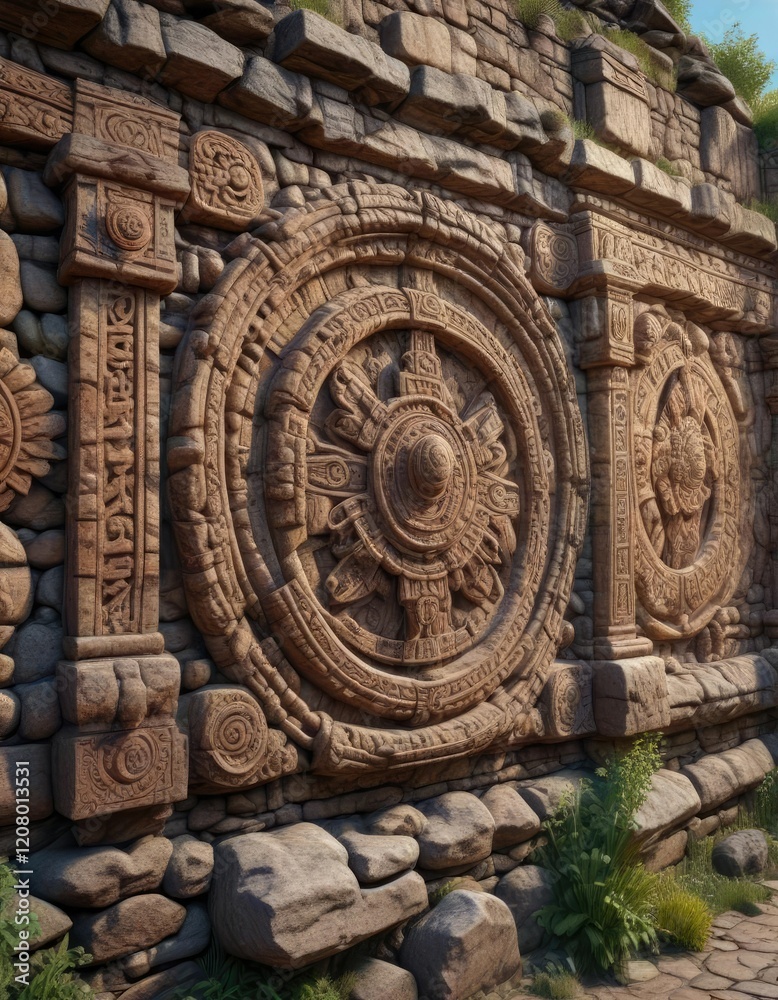 Obraz premium Ancient stone wall with intricate carvings echoing mysterious sounds, ancient, eerie