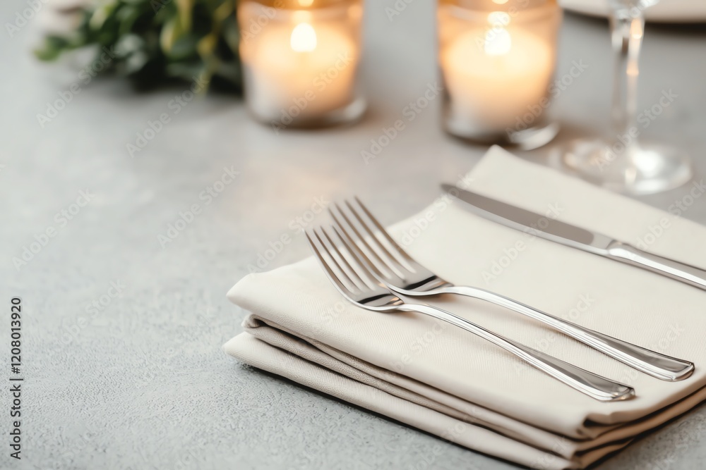 Elegant dining setting with candles and silverware on a beautifully arranged table.
