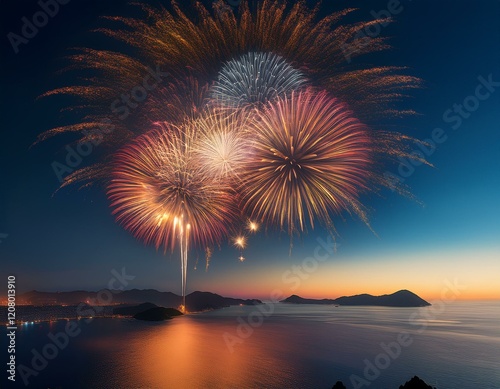 using aerial fireworks to create a shimmering crown effect above the horizon photo