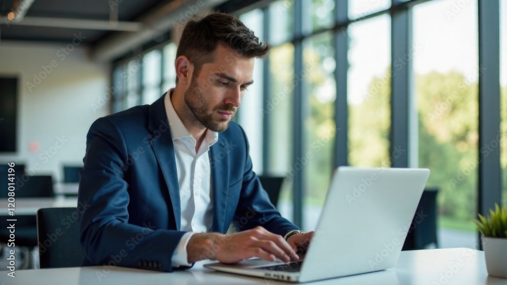 Focused Businessman Working on Laptop in Modern Office with Natural Light. World Entrepreneurs’ Day. Tech Startups. Co-Working Spaces. Focused Businessman Working on Laptop in Modern Office with Natural Light. World Entrepreneurs’ Day. Tech Startups. Co-Working Spaces.