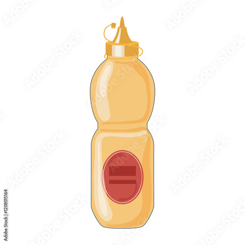 Mustard sauce in bottle in flat design. Hot condiment in yellow container. Vector illustration isolated.