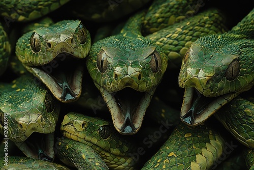 Close-up of green snakes with open mouths showing fierce expressions