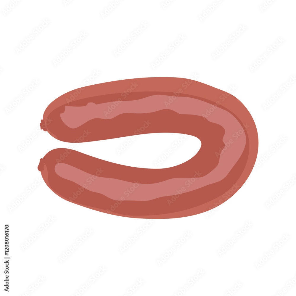 Red sausage in flat design. Fresh pork wurst, butchery products menu. Vector illustration isolated. Red sausage in flat design. Fresh pork wurst, butchery products menu. Vector illustration isolated.