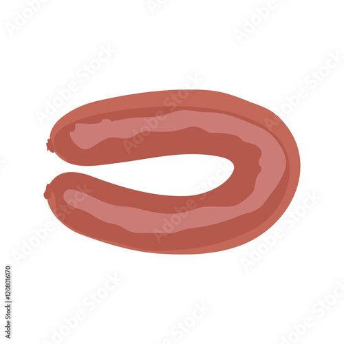 Red sausage in flat design. Fresh pork wurst, butchery products menu. Vector illustration isolated.