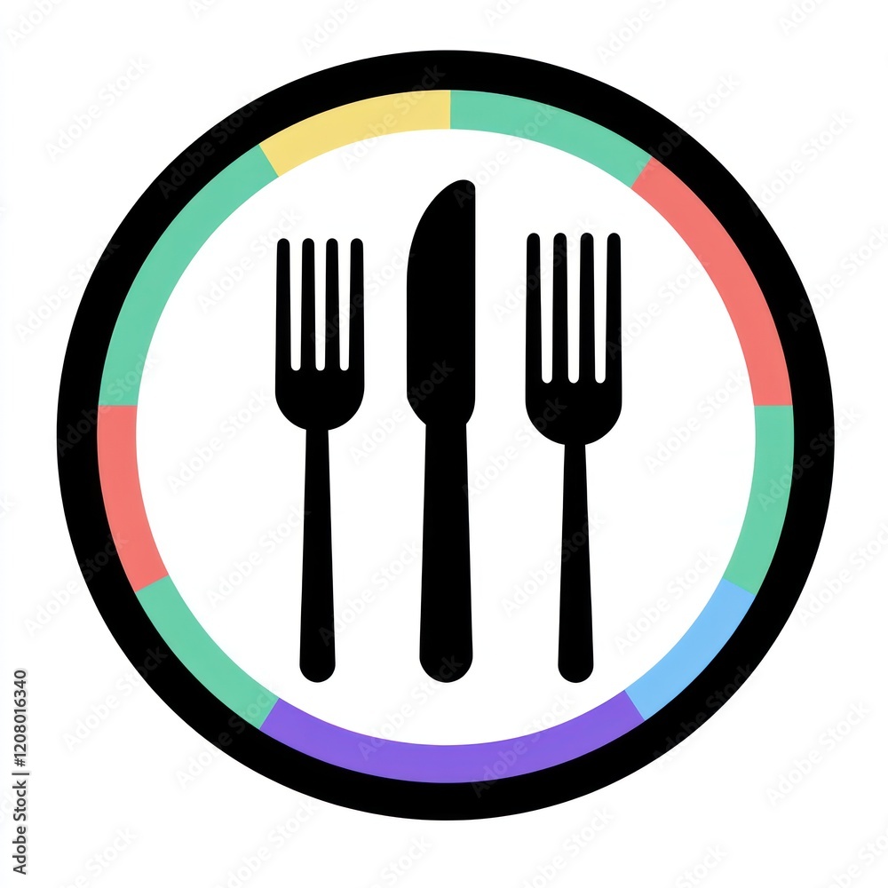 Cutlery icon in a circle with pastel segments, possibly for a menu or food app Cutlery icon in a circle with pastel segments, possibly for a menu or food app