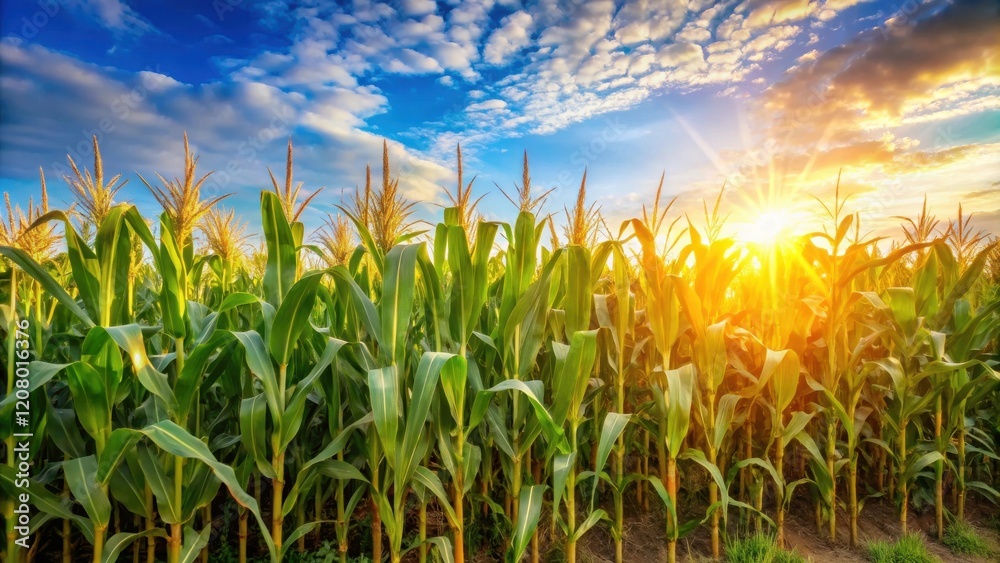 custom made wallpaper toronto digitalGolden Hour in a Lush Cornfield Rows of vibrant green maize stalks bathed in the warm glow of a setting sun, creating a breathtaking agricultural scene.
