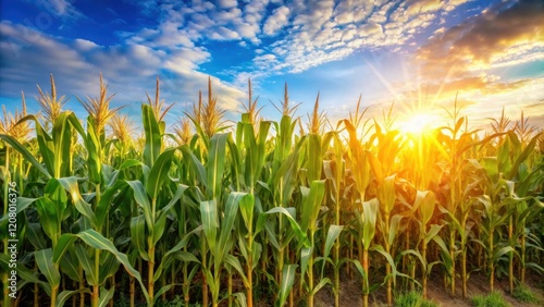 Wallpaper Mural Golden Hour in a Lush Cornfield Rows of vibrant green maize stalks bathed in the warm glow of a setting sun, creating a breathtaking agricultural scene. Torontodigital.ca