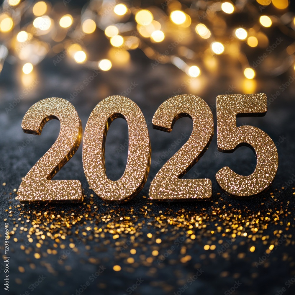 Glittering gold 2025 on dark background with bokeh lights. Glittering gold 2025 on dark background with bokeh lights.