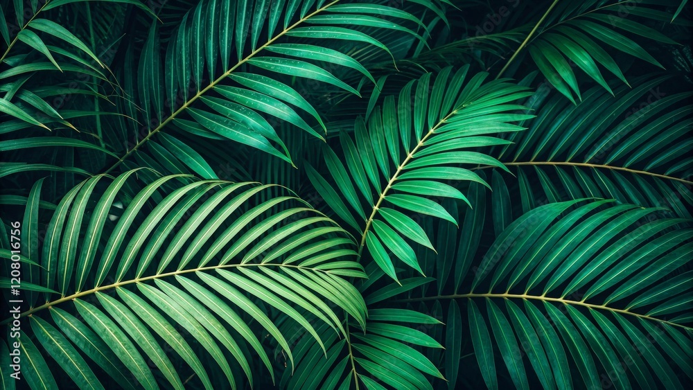 Lush Tropical Palm Fronds Dark Green Leaf Composition, Nature Photography, Botanical Background, ,palm leaves, tropical background Lush Tropical Palm Fronds Dark Green Leaf Composition, Nature Photography, Botanical Background, ,palm leaves, tropical background