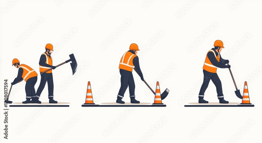 Fototapeta premium Illustration of road construction workers using tools with safety equipment