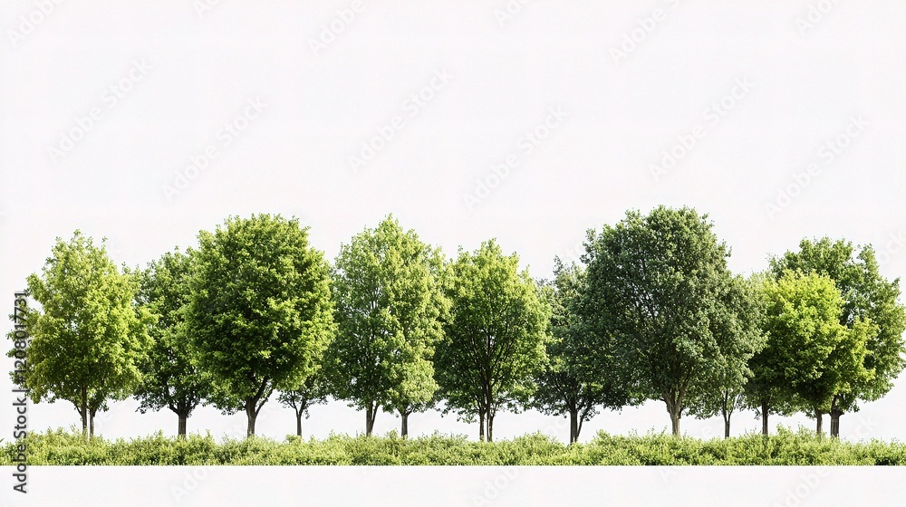 Obraz premium Row of Lush Green Trees with Summer Foliage Isolated on White