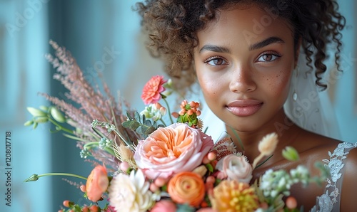 young beautiful black woman in a wedding dress and decorative flowers