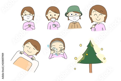 set of cartoon people hay fever cold(花粉症風邪イラストセット)