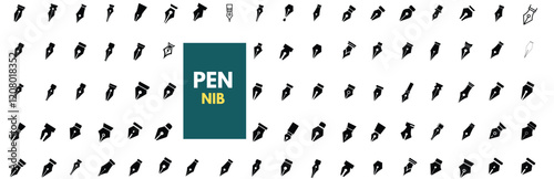 Collection of pen nib icons showcasing various fountain pen tips and writing points in solid black silhouettes. 
