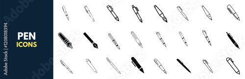 collection of pen icons showcasing various fountain pens and writing points in solid black silhouettes. 