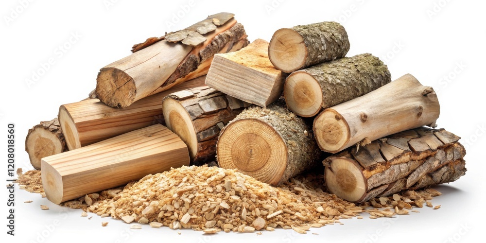 A pile of various cut and split logs, some showing bark, with wood shavings A pile of various cut and split logs, some showing bark, with wood shavings