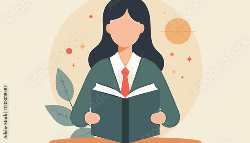 Illustration of a woman reading a book in a minimalist style with decorative elements
