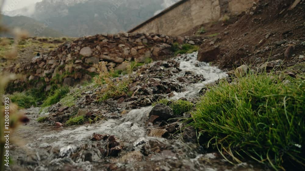 A serene stream flows down the Atlas Mountains in Morocco. Lush green grass and ancient stone structures surround the clear water. Experience the tranquil beauty of nature in this captivating video. A serene stream flows down the Atlas Mountains in Morocco. Lush green grass and ancient stone structures surround the clear water. Experience the tranquil beauty of nature in this captivating video.