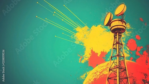 World radio day radio international concept. A vibrant illustration of a communication tower against a colorful background, symbolizing technology and connectivity. photo