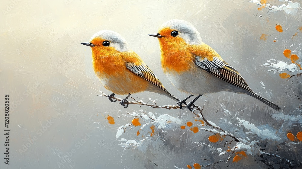 Fototapeta premium Colorful birds perched on branches in a winter landscape digital art serenity nature close-up view