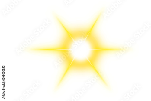 Glowing starlight explosion on transparent background. Bright yellow radiant effect decoration with rays and sparkles. Sunrise, shining gradient glitter, and vivid flare glare texture for sundown
