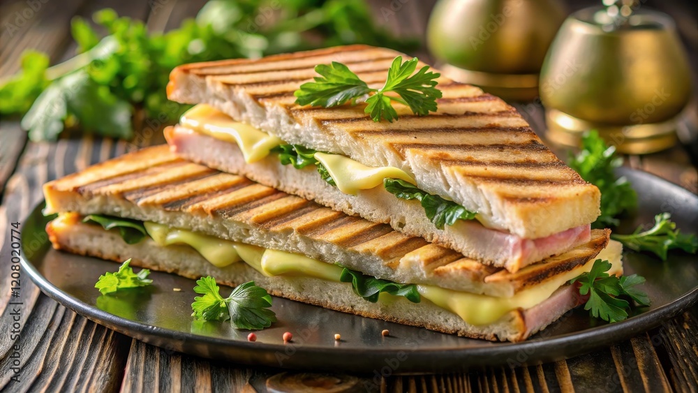 Grilled panini sandwich with melted cheese and ham Grilled panini sandwich with melted cheese and ham