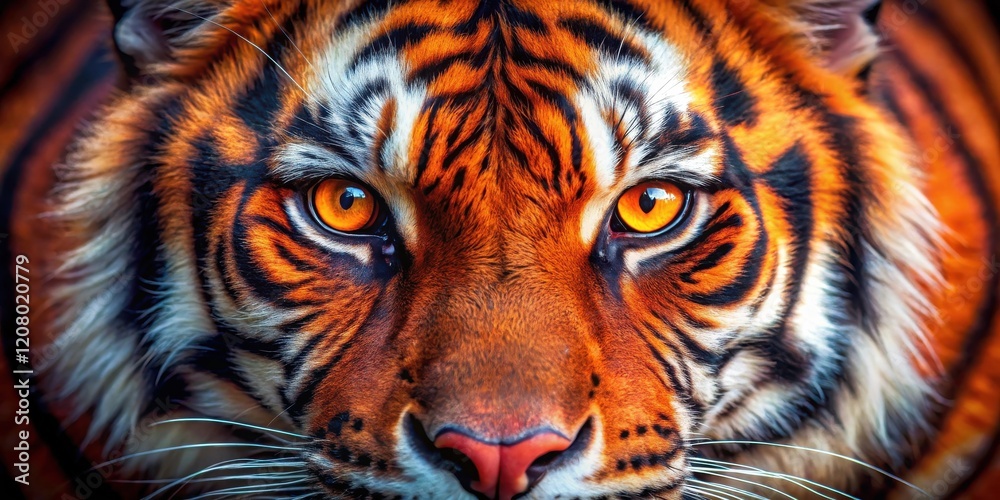 Fototapeta premium Close-up of a tiger's intense gaze, revealing intricate details of its fur and striking amber eyes.