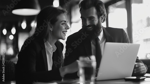 Smiling business colleagues collaborating on laptop in a cafe, showcasing teamwork and success
