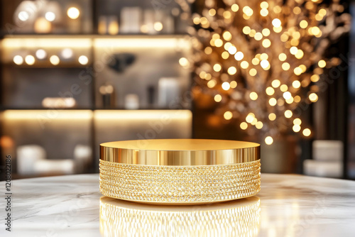 A golden podium on a luxurious marble table photo