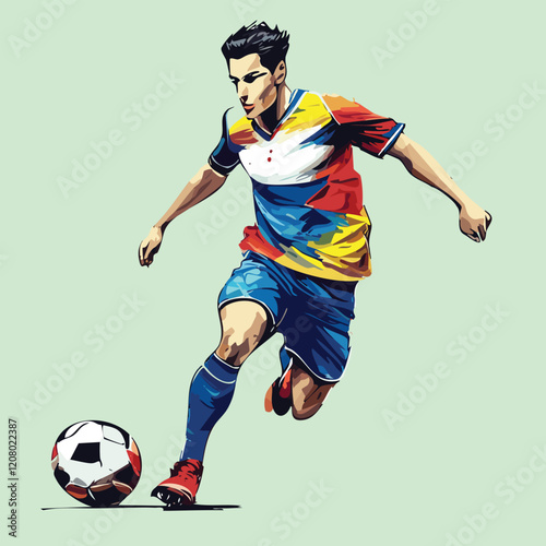 A vibrant illustration of a soccer player in mid-action, dribbling the ball