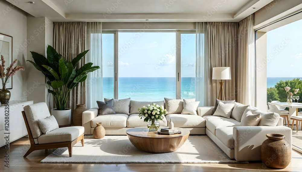 Fototapeta premium Serene coastal living room with elegant decor and soothing ocean-inspired palette