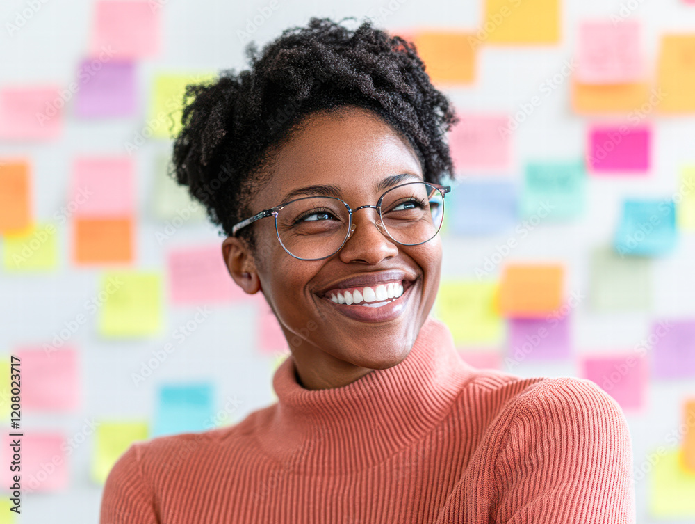 Obraz premium Joyful woman smiling amid colorful post-it notes in office setting