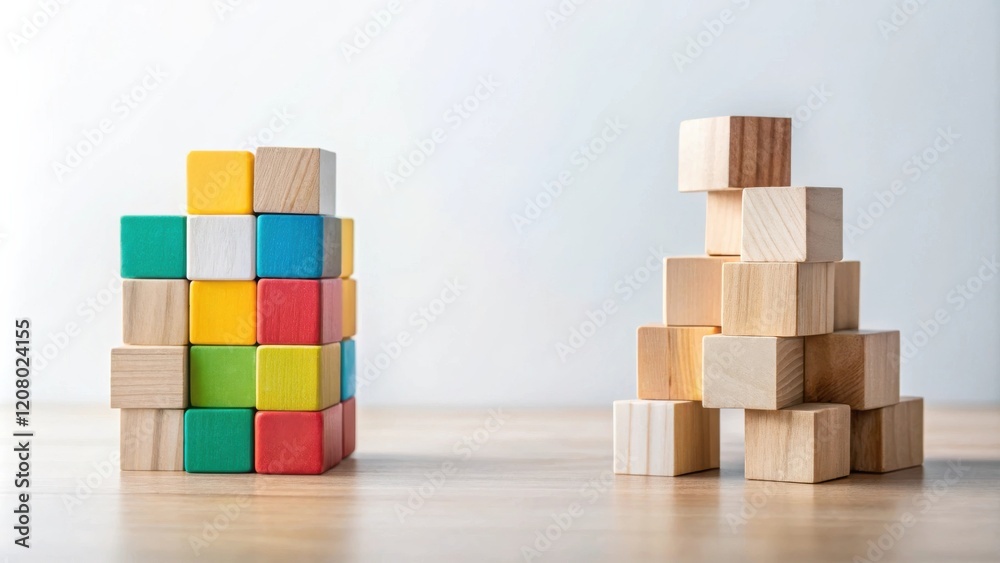 Colorful and natural wooden block structures on a table