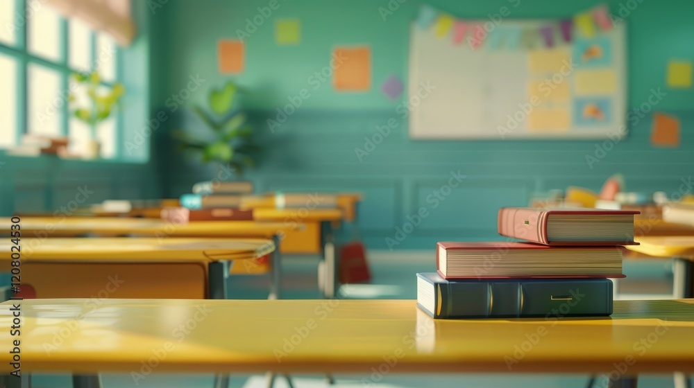 Colorful books are stacked on a wooden desk in an empty classroom, illuminated by sunlight streaming through the window Colorful books are stacked on a wooden desk in an empty classroom, illuminated by sunlight streaming through the window