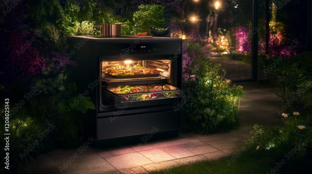 Outdoor Kitchen Oven with Roasted Food and Vegetables Outdoor Kitchen Oven with Roasted Food and Vegetables