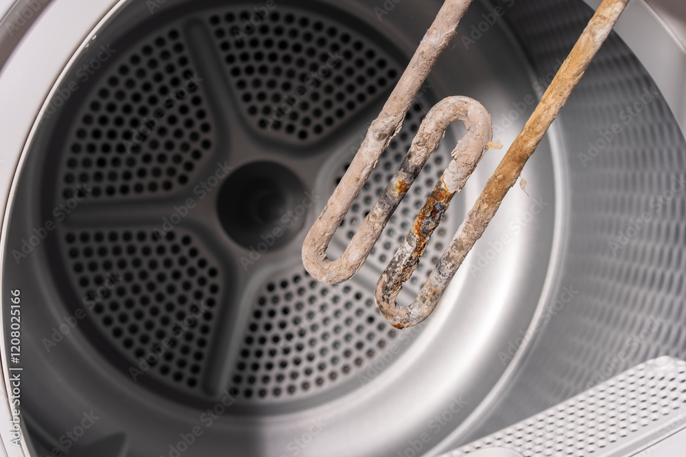 Close-Up of a Corroded Heating Element Covered with Limescale Deposits Inside a Dryer Drum