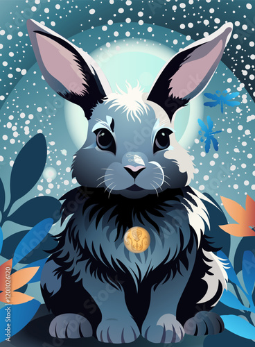 Cute rabbit with orange flowers under the moon on the blue background