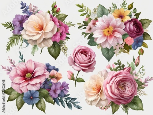 Wallpaper Mural Stylish Romantic wedding invitation Card Square Floral Frame Bundle And Watercolor Lovely Flowers Border With Outlined Leaves Torontodigital.ca