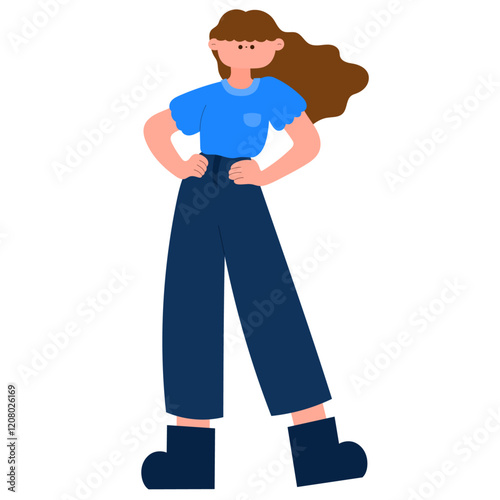 confident woman standing with hands on hips flat vector illustration