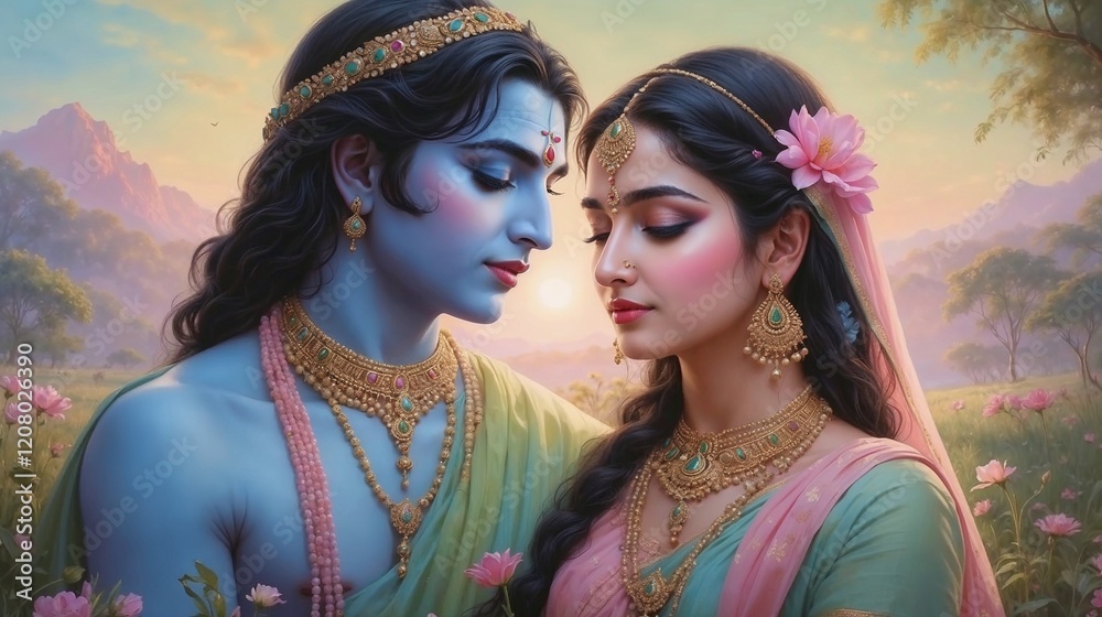 Obraz premium Love story of Krishna and Radha depicted in a vibrant artwork with natural background 