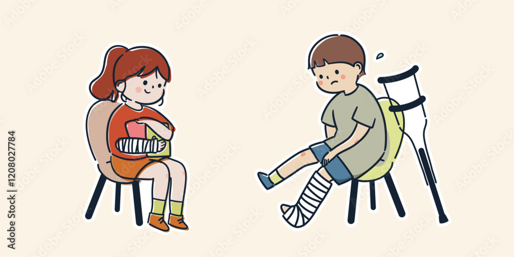 骨折してギプスを装着している子どもたちのシンプルでかわいいイラスト 骨折してギプスを装着している子どもたちのシンプルでかわいいイラスト