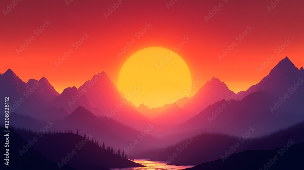 Majestic Sunset Over Mountain Range and River Majestic Sunset Over Mountain Range and River